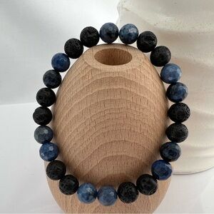 Unisex Blue Dumortierite Quartz and Lava Stone Stretch Beaded Bracelet